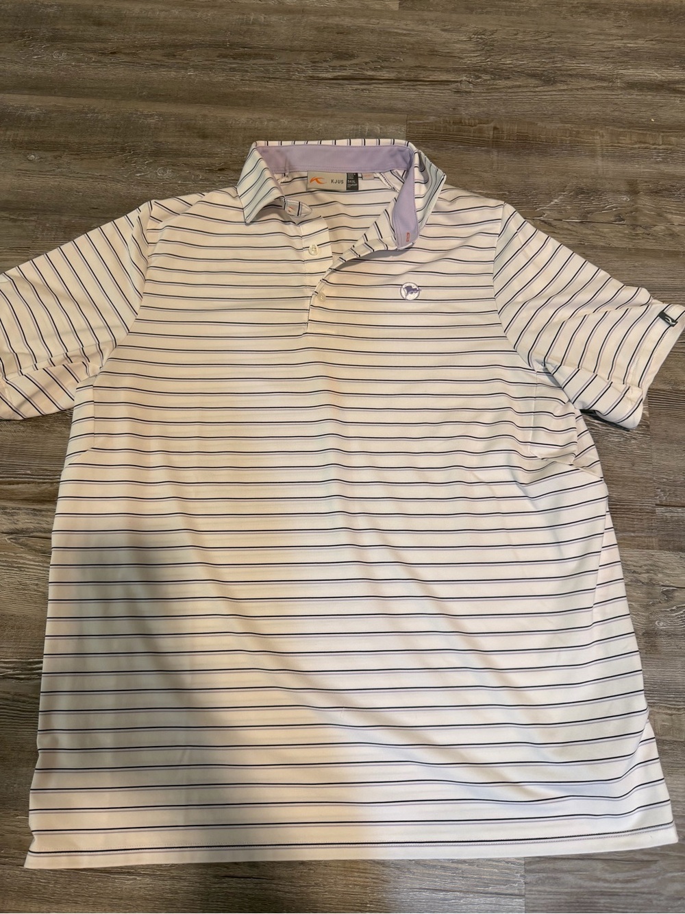 KJUS Men's White Polo Shirt with Navy Stripes size XL